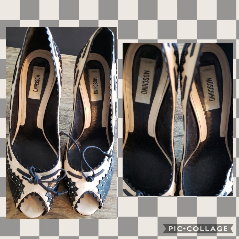 Moschino Cream and Black Ribbon Detail Peep Toes - Picture 4 of 6